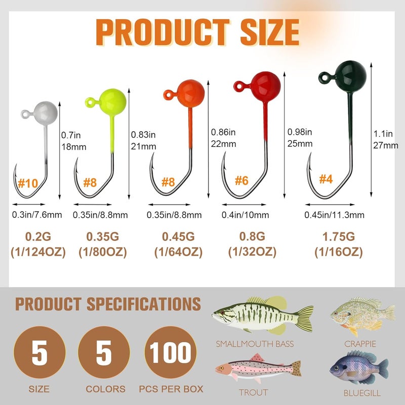 Dovesun 100pcs Fly Tying Jigs Kit, Jig Heads for Fly Fishing 1/124oz 1/80oz 1/64oz 1/32oz 1/16oz Jig Head Small Fly Fishing Hooks DIY Lure Making Kit Suit for Tying Flies | Crappie Lures - Image 2